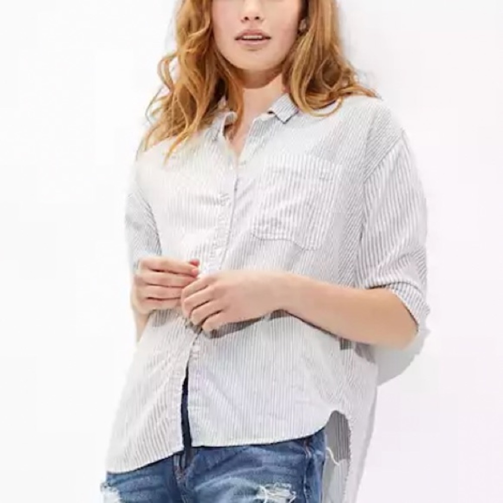 American Eagle Striped Oversized Oxford Button-Up Shirt